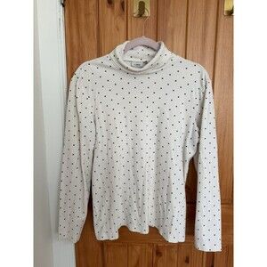 LL Bean Women's Cotton Interlock Long Sleeve White Polka Dot Turtleneck Size XL